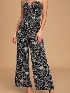 Lulus Dancing In The Dark Black And White Print Strapless Jumpsuit - Size XS
